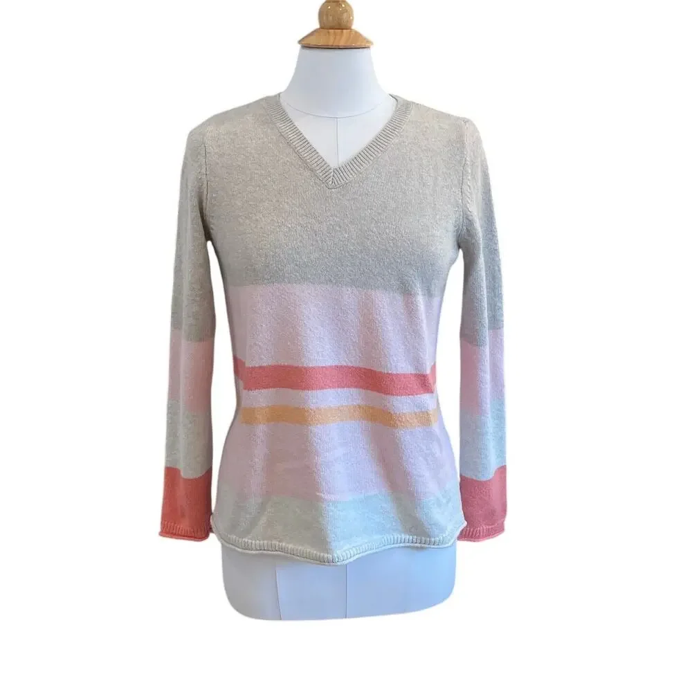 J. Jill Tan, Pink, Striped Long Sleeve V-Neck Sweater, Coastal, Size XS
